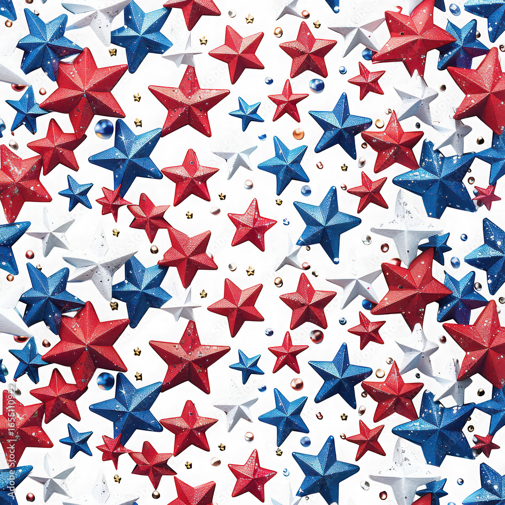 Fototapeta premium A festive and patriotic seamless pattern of red, white, and blue glitter stars, creating a sparkling and celebratory background for holidays isolated on transparent background