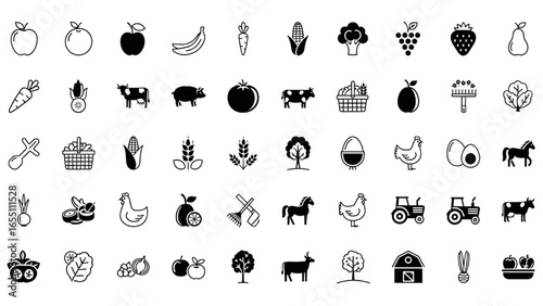 Farm Produce Vector Icon Set – Adjustable Line Icons of Fruits, Vegetables, Livestock, Poultry, Organic Food, and Agriculture