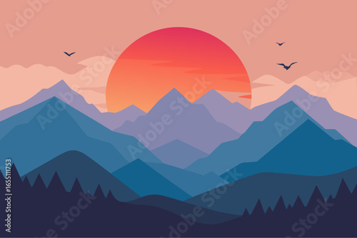 Serene mountain landscape at sunset with a vibrant sun and flying birds