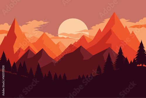 Vibrant sunset over jagged mountain peaks and pine forest