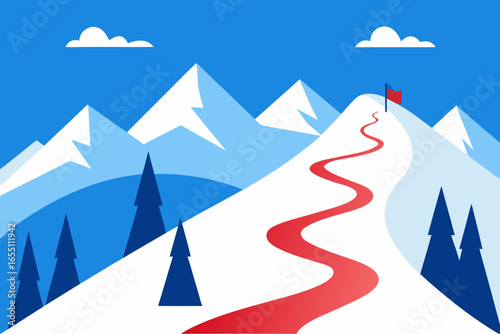 Winding red ski slope leads to flag on snowy mountain peak
