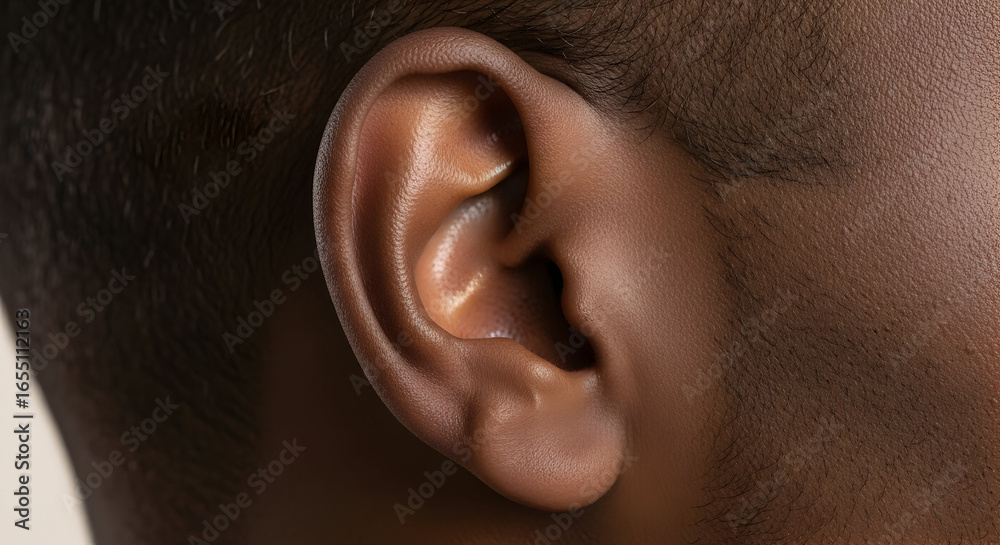 Naklejka premium Closeup of a dark brown human ear showcasing intricate details and natural texture ideal for medical educational materials or beauty product advertising
