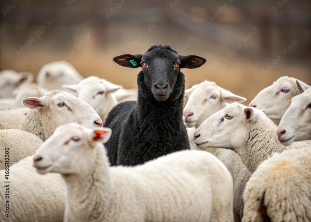 Fototapeta premium Thought-provoking image of a black sheep among white ones, symbolizing non-conformity, inner strength, and the emotional journey of self-expression