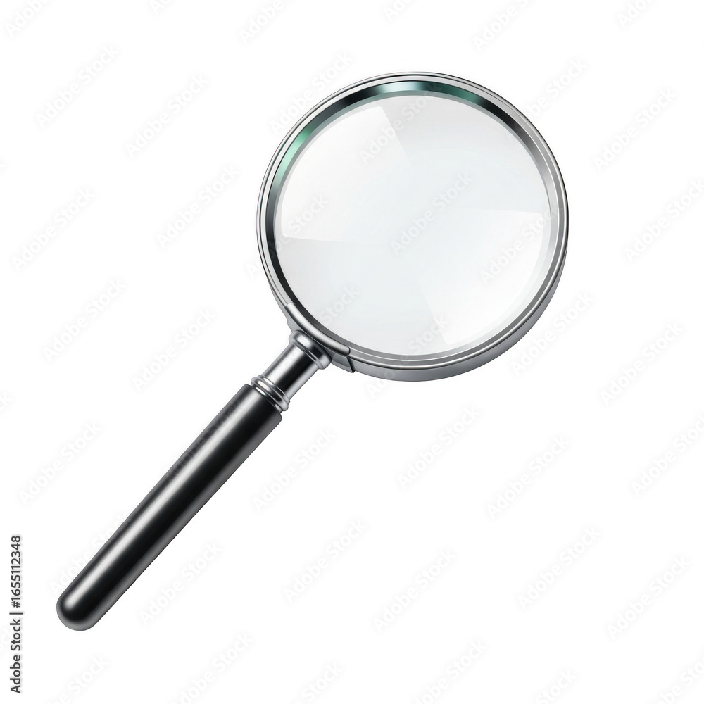 Classic magnifying glass with silver handle for close-up examination and discovery transparent background Classic magnifying glass with silver handle for close-up examination and discovery transparent background