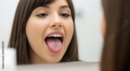 Young Woman Examining Her Tongue in a Mirror Oral Health Checkup Self Care Routine Dental Hygiene