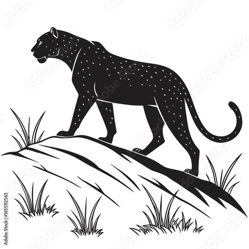 Majestic Leopard Silhouette: Elegant Black and White Wildlife Illustration, African Savanna Setting