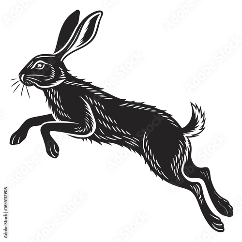 Leaping Hare: Vintage Black and White Woodcut Style Illustration, Energetic, Wild Animal Design