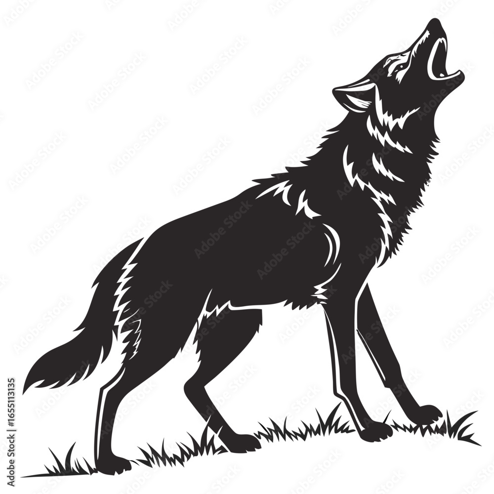 Fototapeta premium Majestic howling wolf silhouette, black and white vector illustration, wild nature graphic.