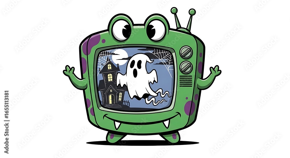 Naklejka premium Cartoon television monster displaying a haunted house and ghost scene for halloween night