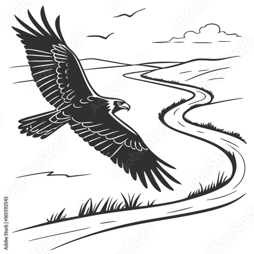 Majestic Eagle Soaring Over Serpentine River Valley; Black and White Line Art Illustration.