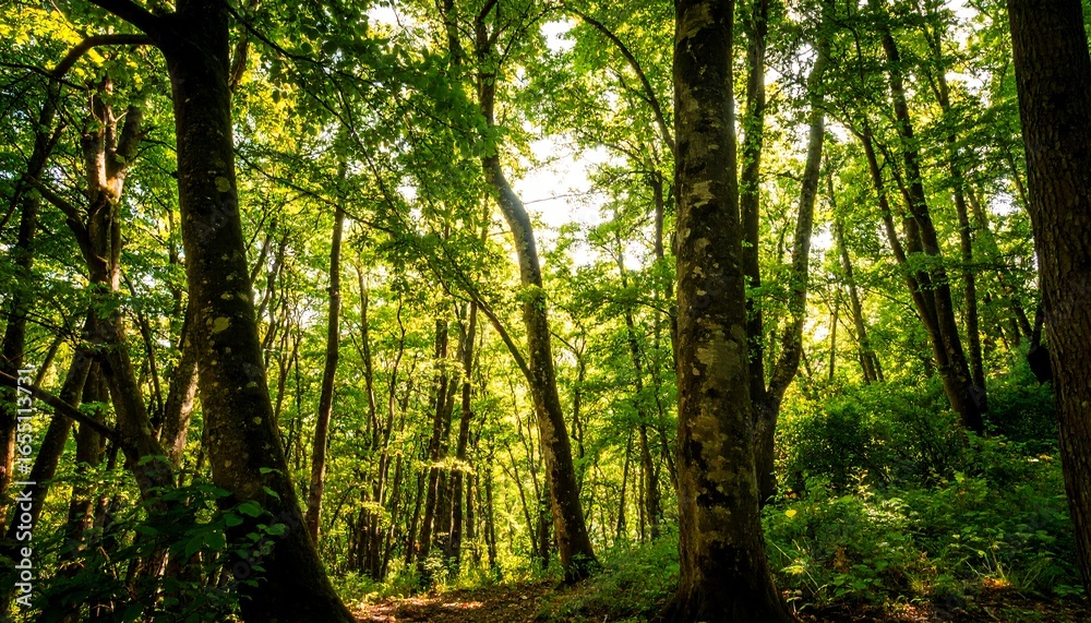 Fototapeta premium Lush green trees form a dense canopy, filtering sunlight through the forest.