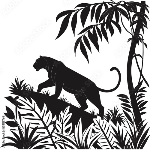 Black Panther Silhouette in Lush Tropical Jungle; Elegant, Dramatic, Monochrome Wildlife Illustration.