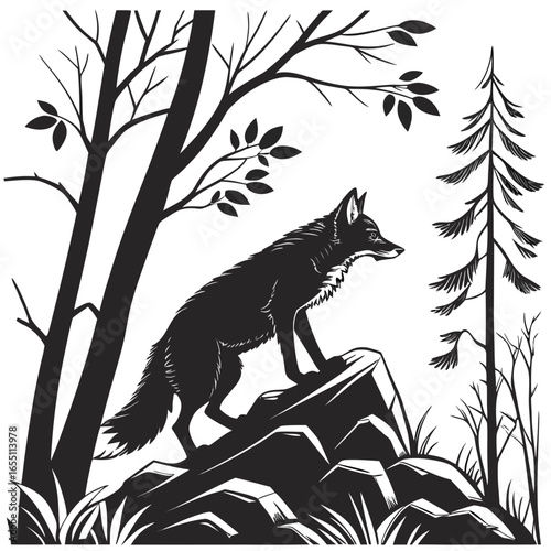 Majestic Black and White Fox Silhouette on Rocky Outcrop in Forest Setting