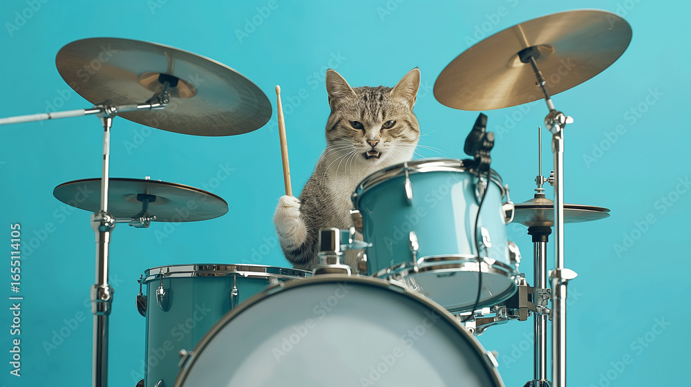 Obraz premium A cat playing drums on light blue color background, Animal photography