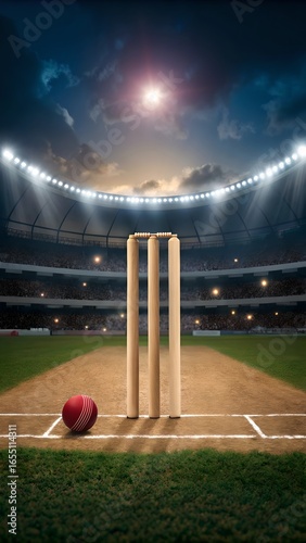 A cricket field with wickets and a red ball under stadium lights at night time in a sports arena