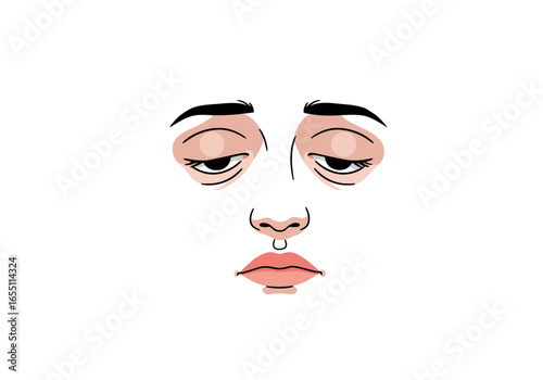 Tired Face Illustration: Dark Circles Droopy Eyes and Lip.