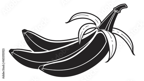 Illustration of a bunch of bananas with one partially peeled in black and white vector art