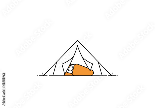 Simple Line Drawing of Person Sleeping in Tent.