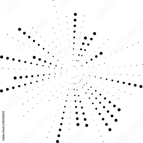 Circular design with dotted rays of irregular length creating large variations around the circle.