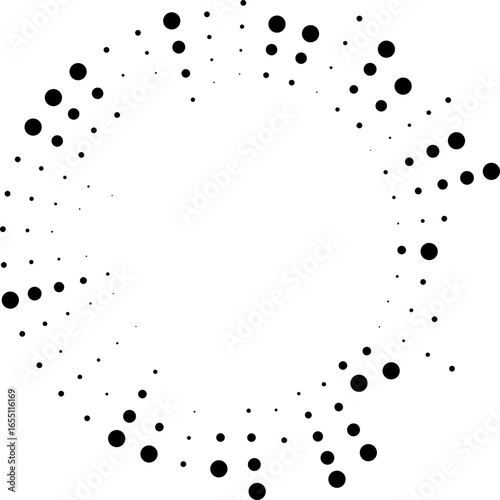 Circular dotted rays irregularly placed half inside and outside, forming a medium empty circle at the center.