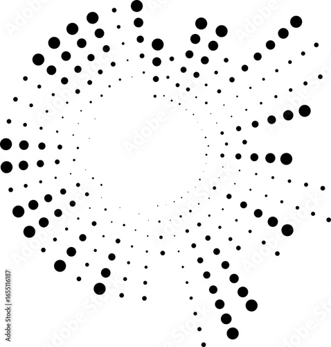 Circular dotted rays arranged irregularly half inside and outside, creating a small empty circle in the center.
