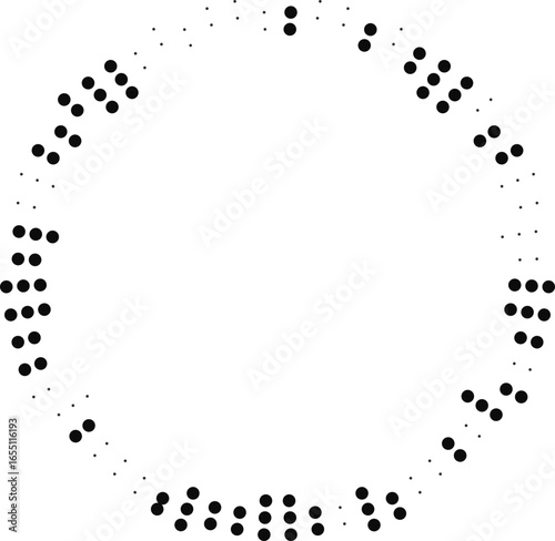 Circular dotted rays placed irregularly inside with big central space and tapering lines directed inward.
