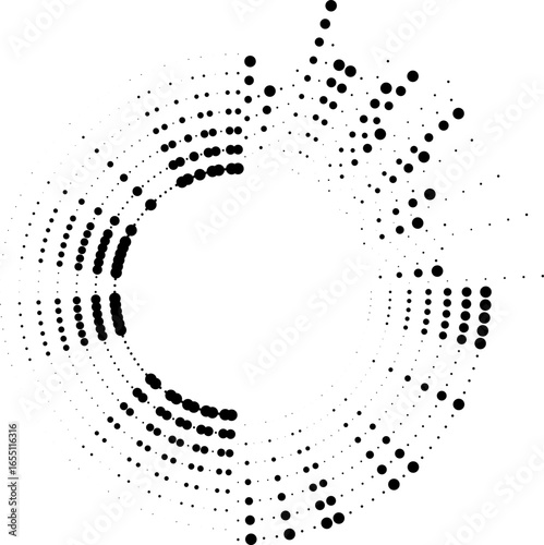 Circular dotted rays forming long irregular lines restricted to one quarter of the circle.