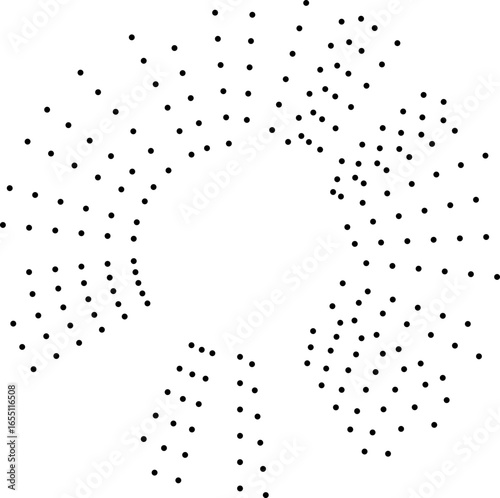 Circular dotted irregular rays surrounding central empty space with lines tapering inward.