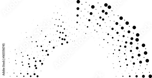 Circular dotted long rays in irregular arrangement covering half of the circle both inside and outside.