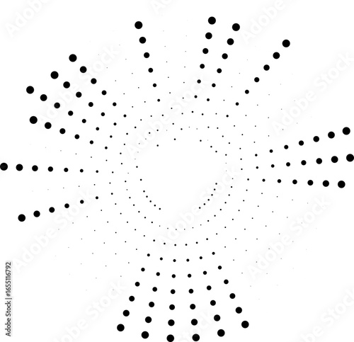 Circular dotted irregular rays covering half of the circle with a circular empty space in the center.