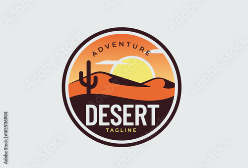 Desert Landscape Logo Design. Minimal Scene With Sand Dunes And Sun In Line Art Style.