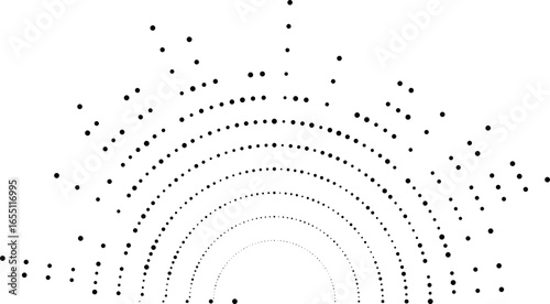 Semi-circular dotted rays arranged irregularly with a large empty circular space in the center.
