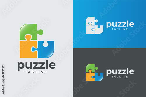 Puzzle Logo Design. Abstract Piece Symbol In Geometric Modern Style For Brain Or Teamwork Concept.