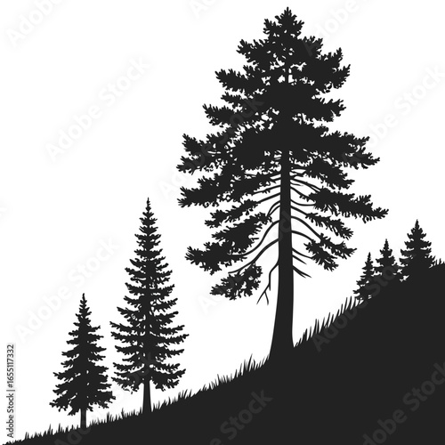 Pine forest on hillside silhouette