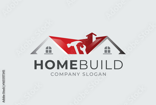 Home Build Hammer Logo Design. House And Hammer Symbol In Modern Linear Style For Construction Brand.