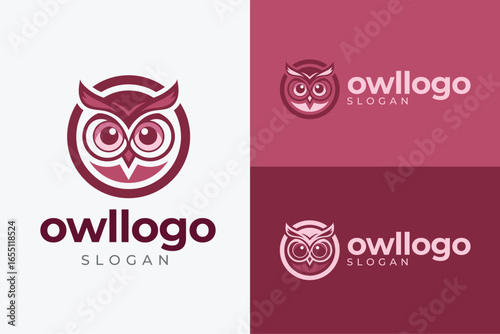 Cute Owl Circle Logo. Round Bird Mascot In Fun Style.