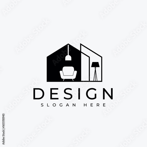 Minimalist Interior Design Logo. Furniture And Lamp Icon In Modern Clean Style For Home Decor Brand.