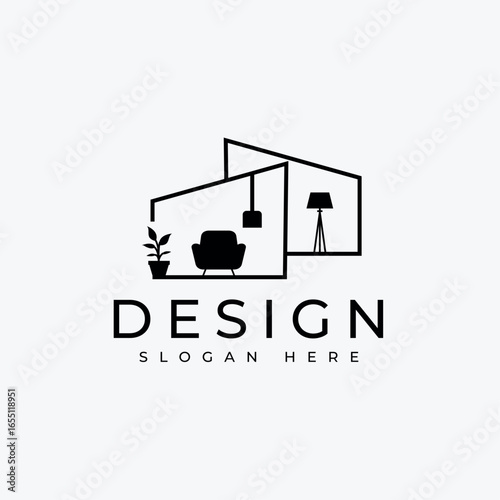 Black Interior Design Logo. Elegant Monochrome Home Icon For Modern Architecture Branding.
