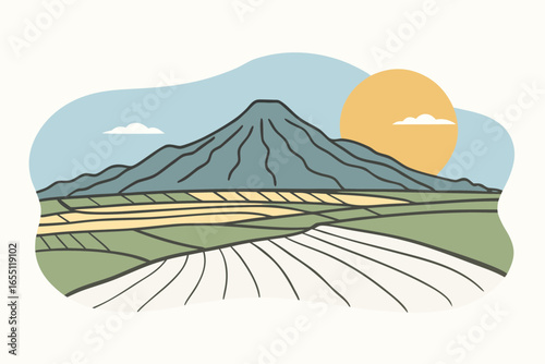 Stylized illustration of a majestic mountain range with rolling farmland and a bright sun