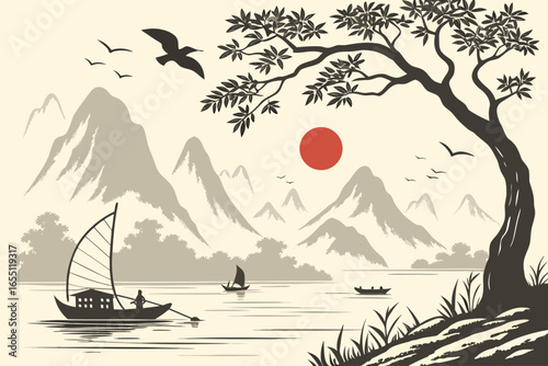 Serene asian landscape with mountains river boats and a rising sun
