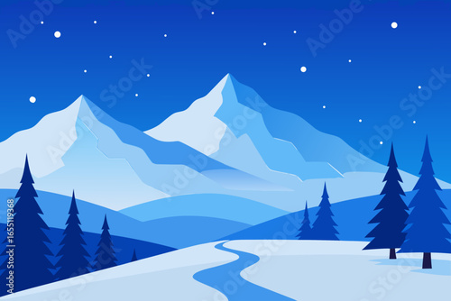 Flat design winter landscape with snow covered mountains and fir trees