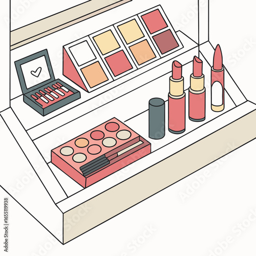 Makeup Display Illustration with Lipsticks and Palettes