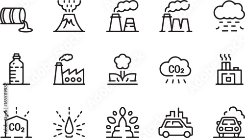 A series of pollution-related icons, including oil spills, factories, and CO2 emissions, ideal for illustrating climate change, sustainability, and environmental protection.