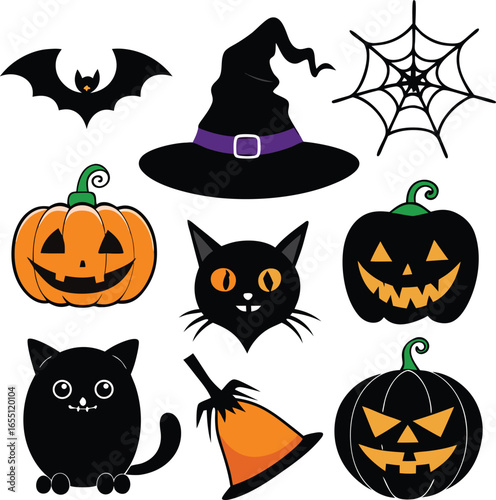 Cute Halloween Icons Vector Set Featuring Pumpkins, Cat,Ghost,and More,Vector art of a set halloween icons,Collection of Black Halloween Icons Silhouettes Ghosts,Bats,Cats,Pumpkins,Spooky,elements,Ai
