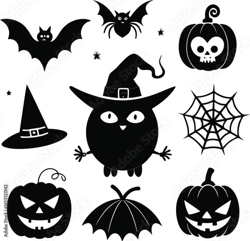 Cute Halloween Icons Vector Set Featuring Pumpkins, Cat,Ghost,and More,Vector art of a set halloween icons,Collection of Black Halloween Icons Silhouettes Ghosts,Bats,Cats,Pumpkins,Spooky,elements,Ai