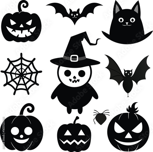 Cute Halloween Icons Vector Set Featuring Pumpkins, Cat,Ghost,and More,Vector art of a set halloween icons,Collection of Black Halloween Icons Silhouettes Ghosts,Bats,Cats,Pumpkins,Spooky,elements,Ai