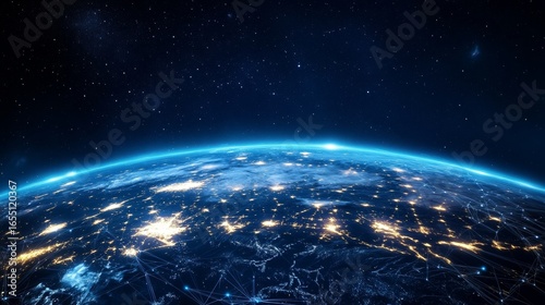 A global digital network spanning the entire planet, with luminous blue streams of light representing connections and the flow of information