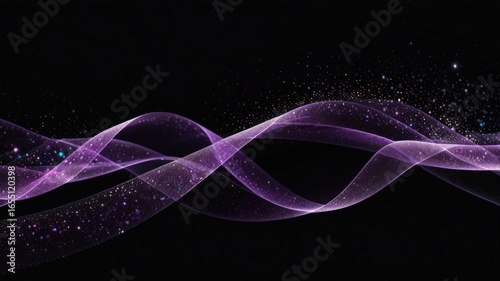 Luxury Purple Ribbon Glow on Black Background with Sparkles and Luminous Dust Trail