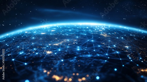 A global digital network spanning the entire planet, with luminous blue streams of light representing connections and the flow of information