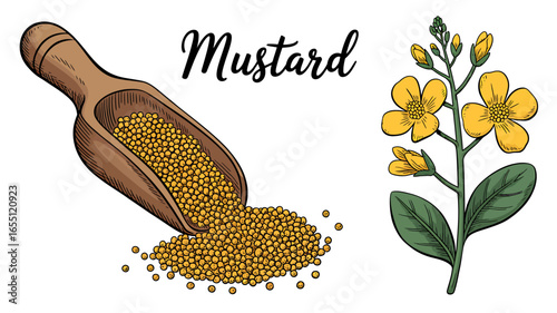 Illustration of Mustard Seeds in a Wooden Scoop with Mustard Plant and Flowers Fresh Culinary Ingredient for Flavor and Condiments
